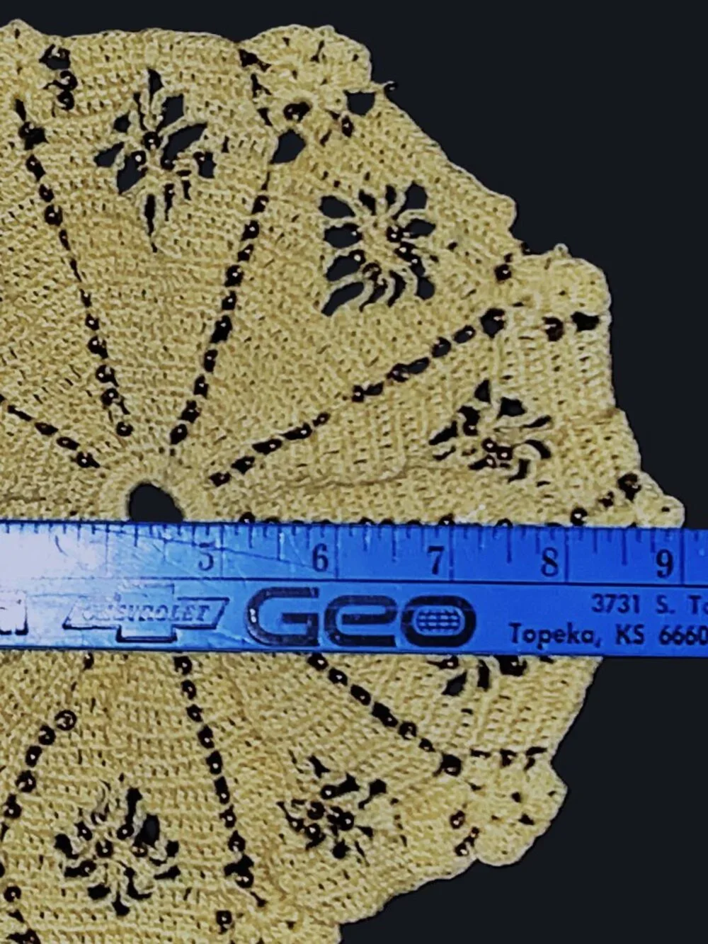 MCM Doilies Crocheted Blue & White Chair Accent Set Yellow w Glass Beads 18” Vtg